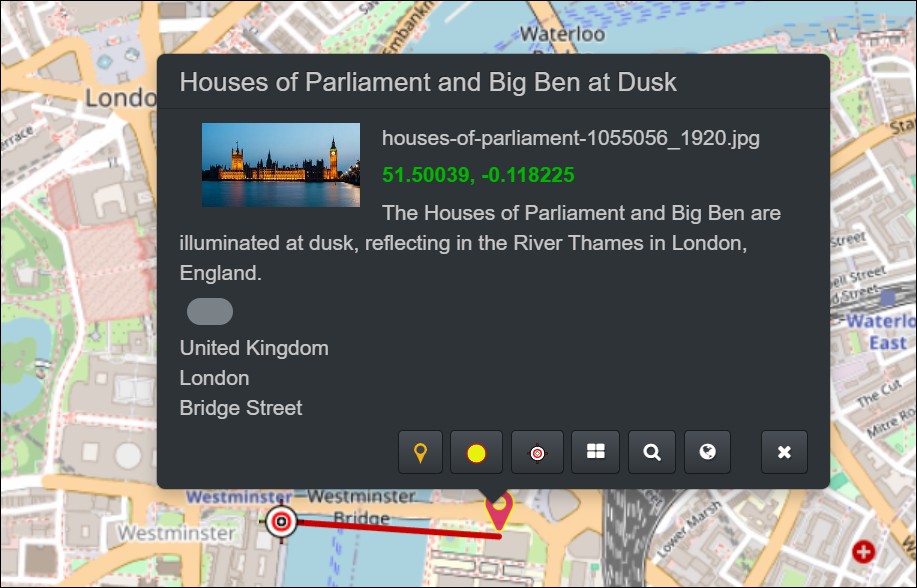 The IMatch Map Panel visualizing the position an image was taken.