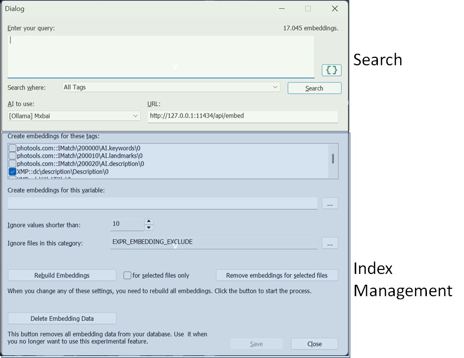 The experimental feature dialog box combines searching and managing the AI index.