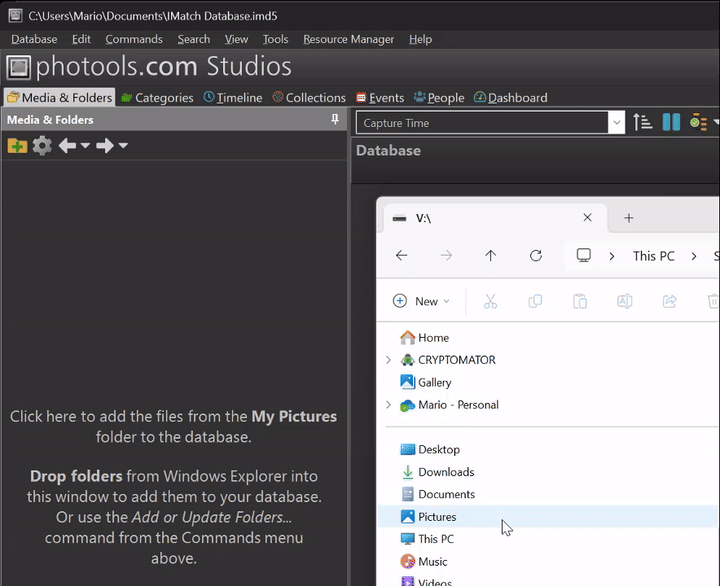 Dragging a folder from Windows Explorer into the Media & Folders View in IMatch to add it to the database.