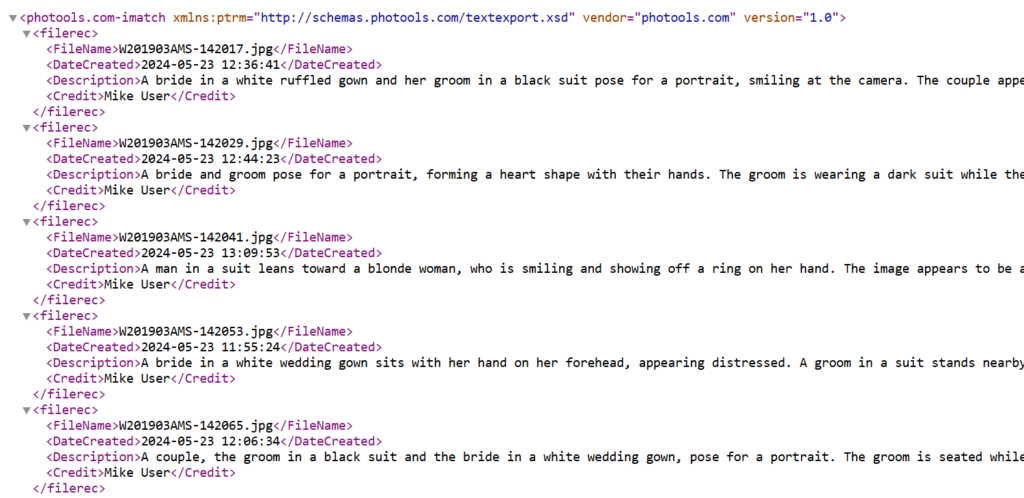 IMatch Text Exporter XML output example.