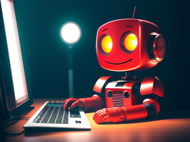 A cute little red robot working on a computer, looking into the camera.