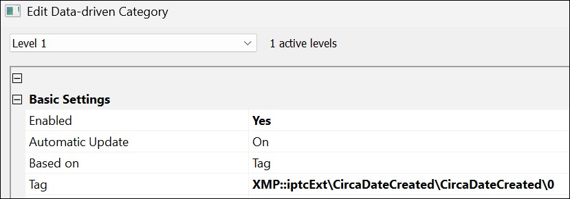 A screen shot of the data-driven category configuration dialog. It shows how to setup a data-driven category for the CircaDateCreated tag.