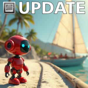 This picture shows the little red IMatch robot next to a sailing boat on a remote island.