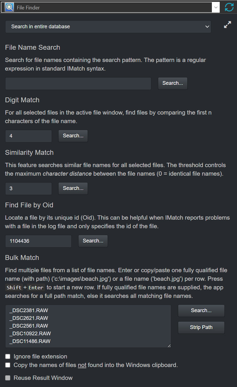 A screen shot of the IMatch File Finder app.