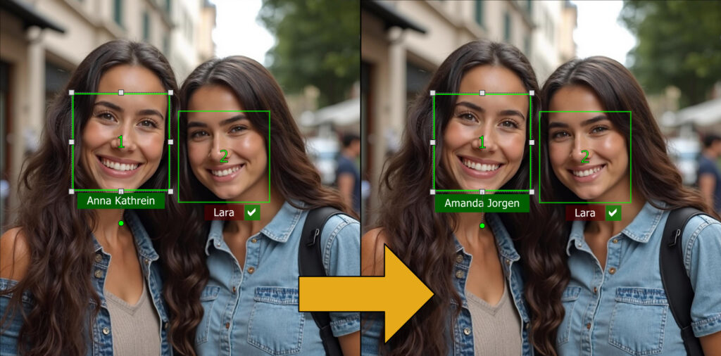 Two screen shots demonstrating how to swap an assigned or suggested face in the IMatch Viewer using the keyboard shortcut