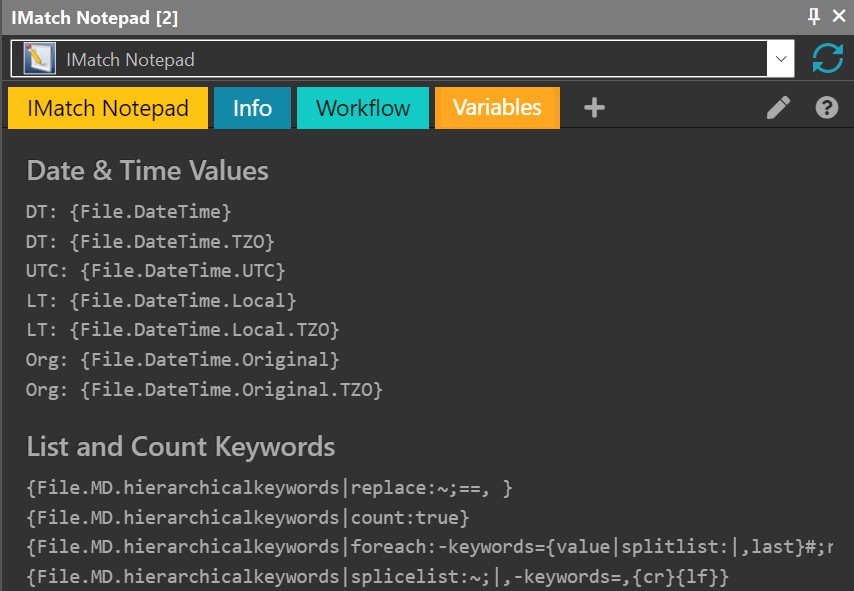 A screen shot of IMatch Notepad with a list of custom variables.