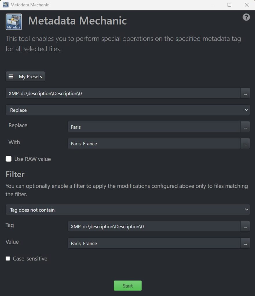 This image shows using IMatch Metadata Mechanic to replace "Paris" with "Paris, France", but only if the description does not contain "Paris, France" already.