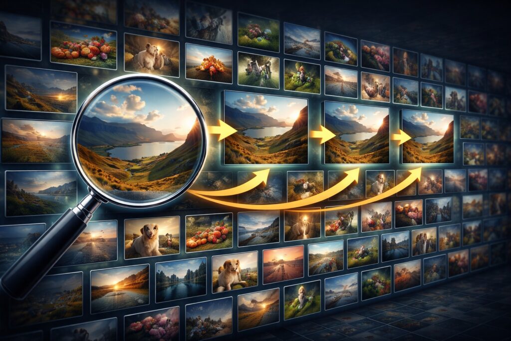 This image is a visual representation of searching for duplicate images in a database.