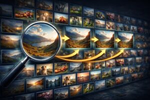 This image is a visual representation of searching for duplicate images in a database.