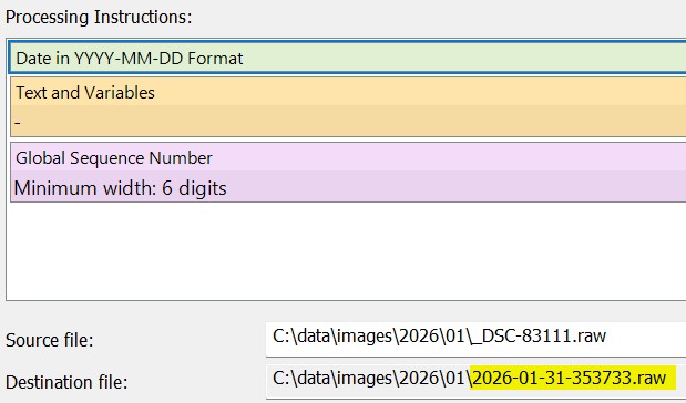 Using IMatch Renamer steps to produce unique file names with the global sequence number.