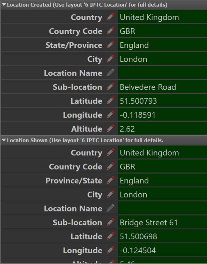 A screen shot of the IMatch Metadata Panel showing location created and location shown coordinates and data for an image.