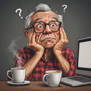 A comic image of an older man thinking about photo metadata.
