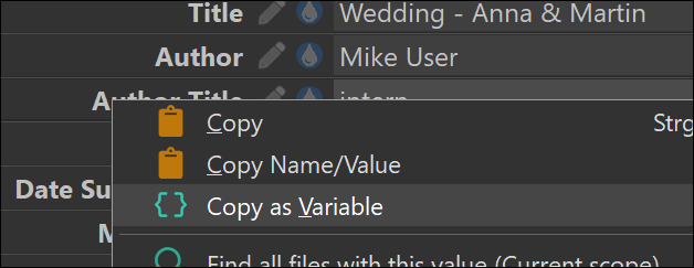 Using the "Copy as Variable" command in the IMatch Metadata Panel.
