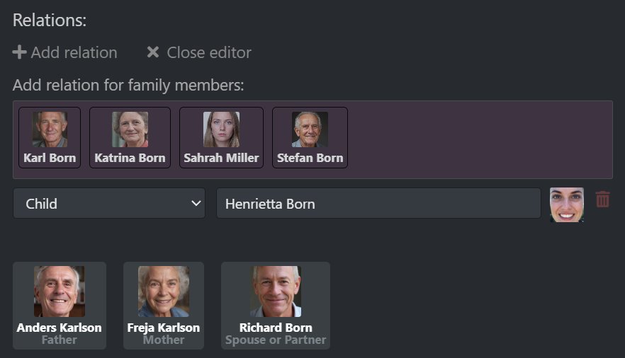 A screen shot showing person relations in the IMatch person editor.