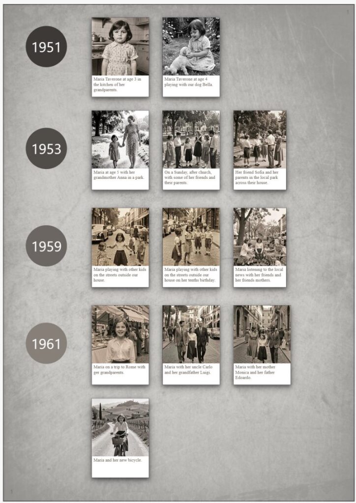 An album displaying a person's timeline using photos and text.