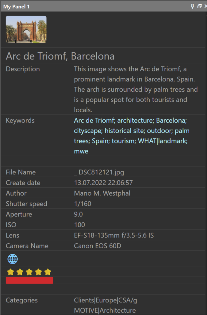 A screen shot of a My Panel in IMatch.