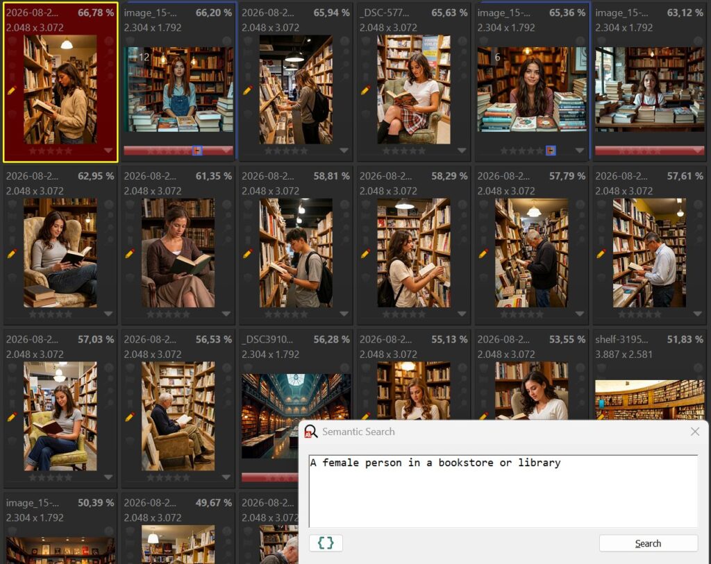 The search result for searching for "A female person in a bookshop or library".