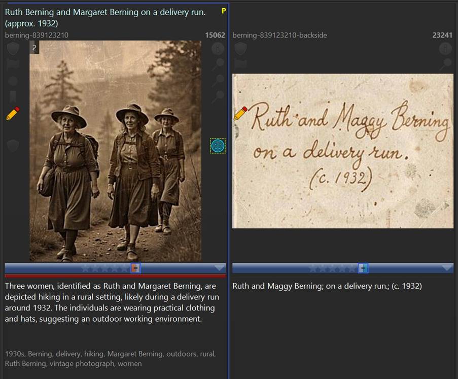 A photo f three older ladies hiking in the mountains. On the right, a scan of the text on the back of the photo.